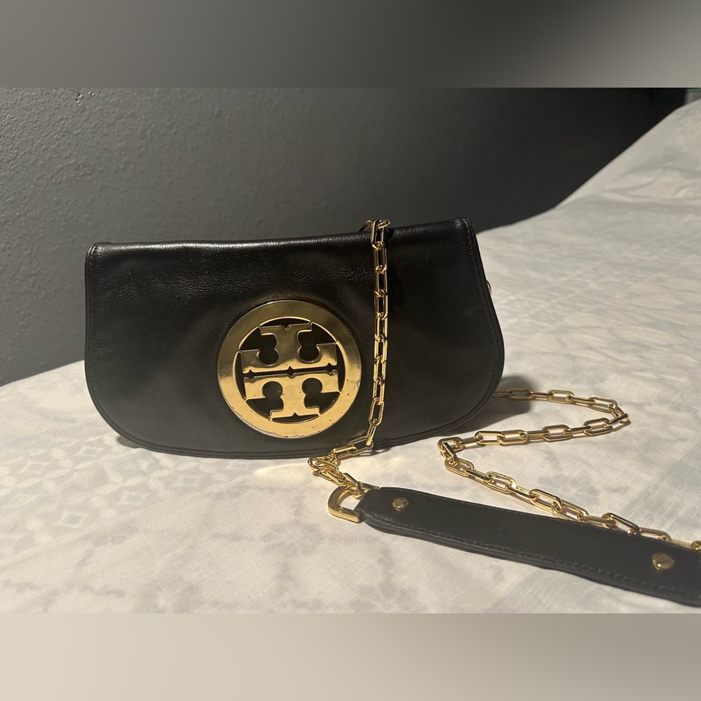 Tory Burch Black Leather Crossbody with Gold Chain strap